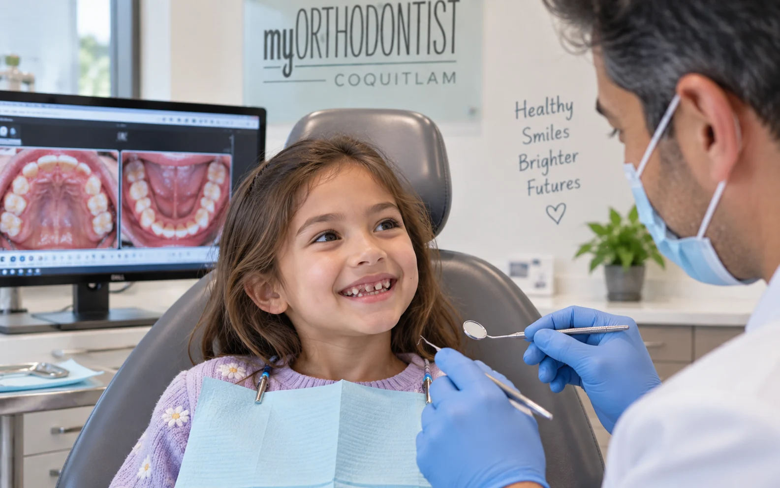 Child around age seven with mixed dentition during an orthodontic assessment