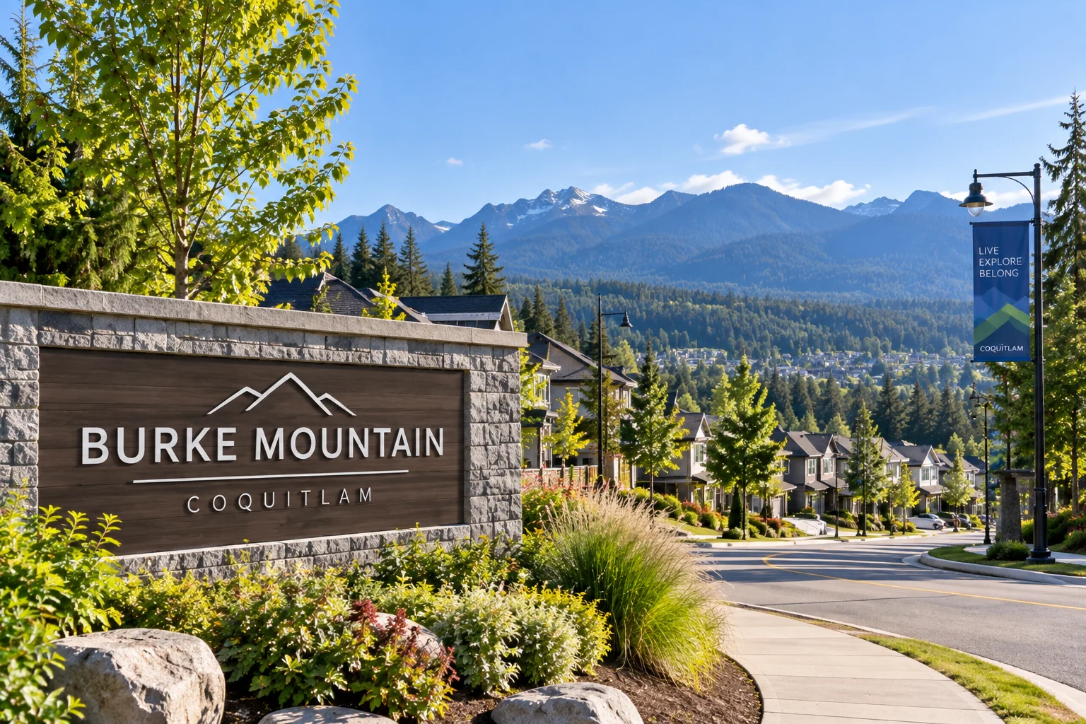Burke Mountain neighbourhood in Coquitlam with homes, greenery and mountain views