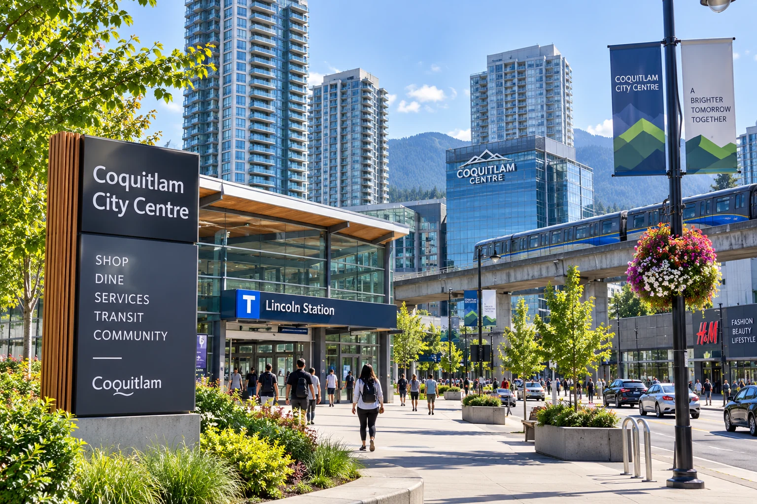 Coquitlam City Centre streetscape with high-rise buildings, transit and mountain views