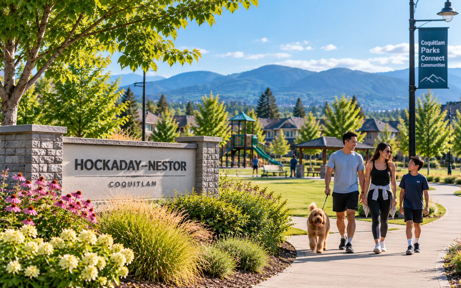 Hockaday–Nestor neighbourhood in Coquitlam with a park, homes and mountain views