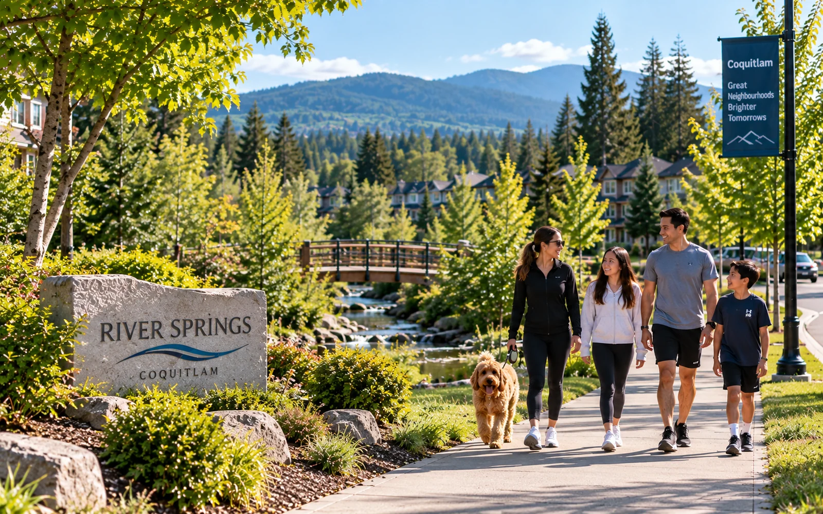 River Springs neighbourhood in Coquitlam with a creek, footbridge and established residential setting