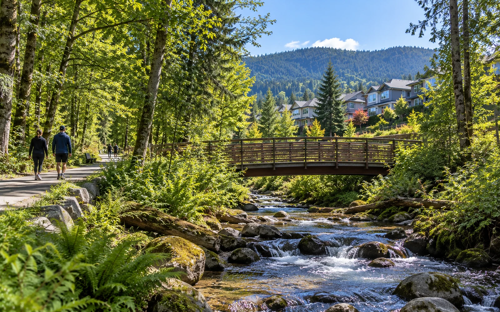 Smiling Creek greenway in Coquitlam with a forested creek, pedestrian bridge and hillside homes
