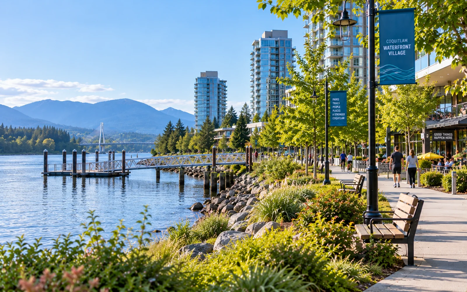 Waterfront Village in Coquitlam with a riverside promenade, residential towers and mountain views