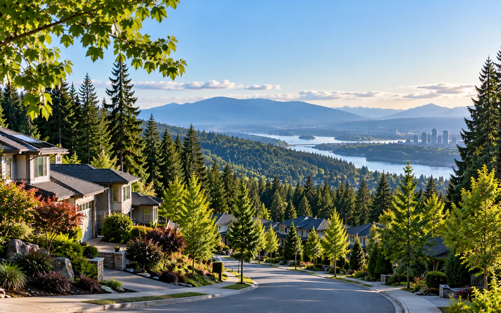 Westwood Plateau hillside neighbourhood in Coquitlam with mature forest and expansive valley views