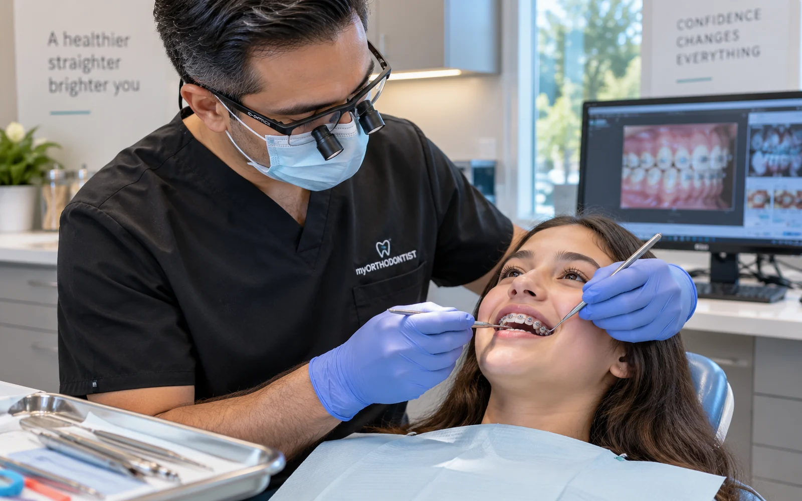 Orthodontic clinician checking braces and archwire progress at a review appointment