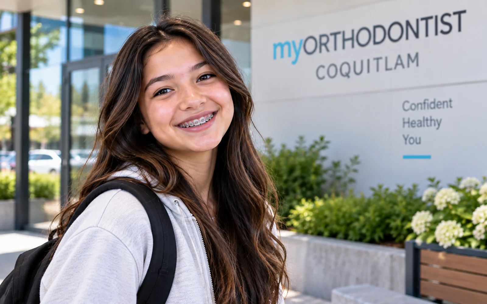 Teen smiling with modern metal braces outside myORTHODONTIST Coquitlam