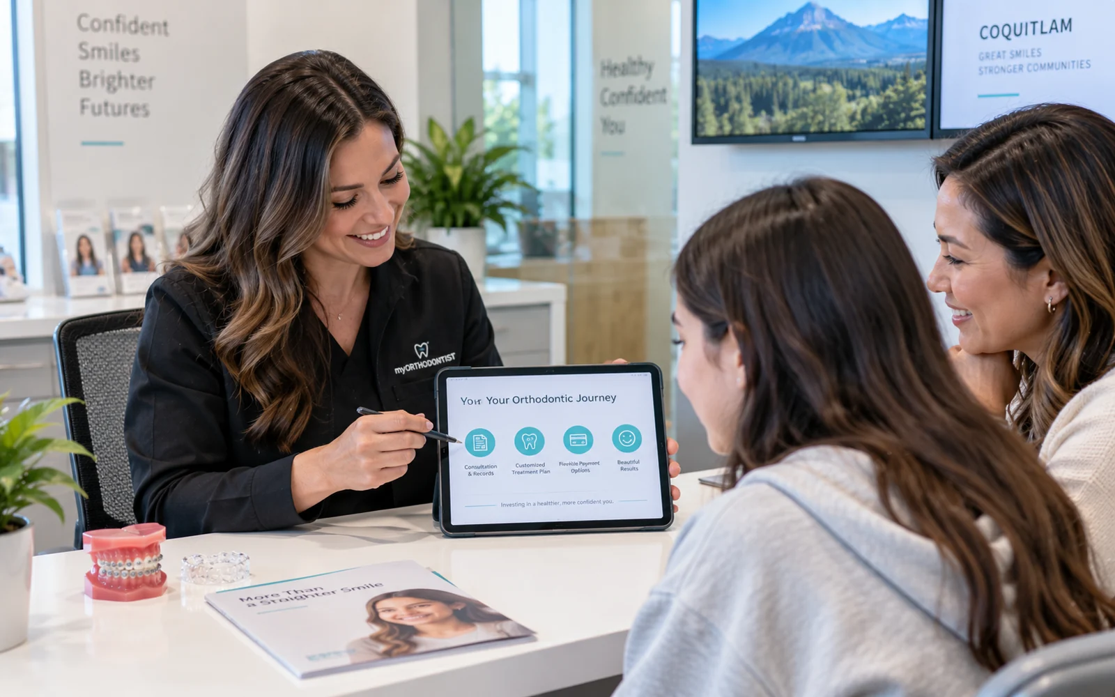 Patient and parent reviewing orthodontic treatment planning and payment options with a treatment coordinator