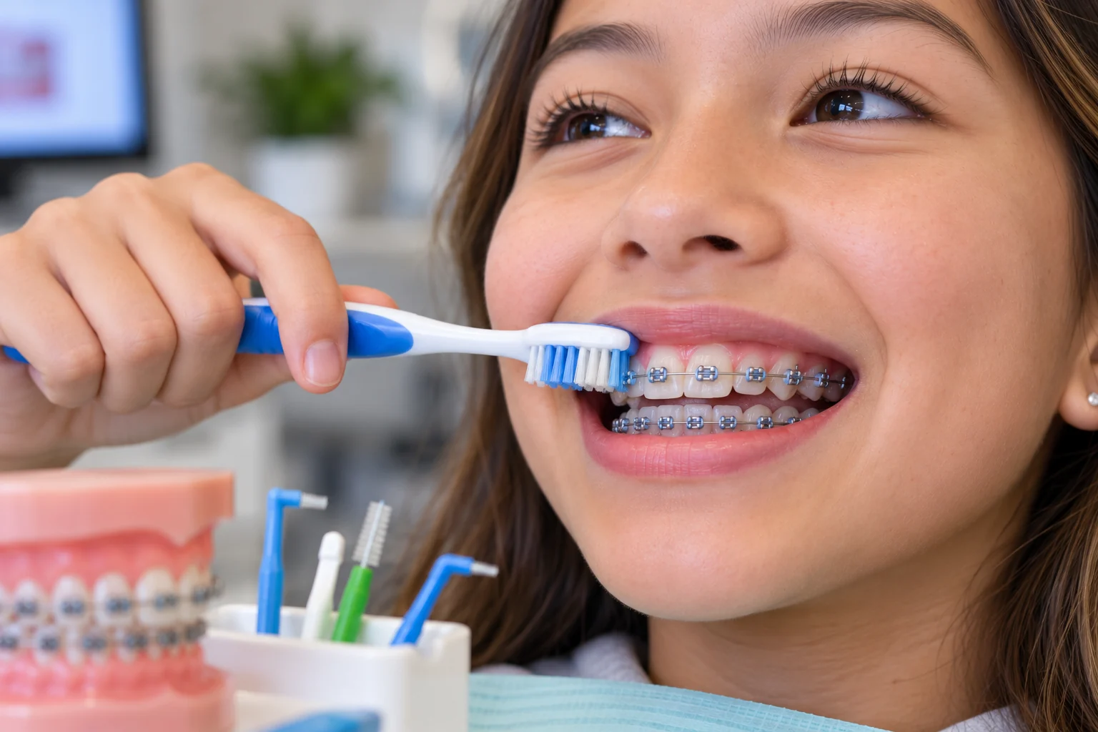 Teen brushing carefully around metal braces with a toothbrush
