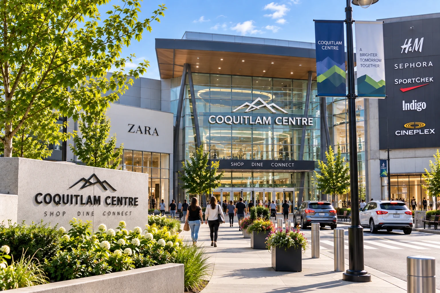 Coquitlam Centre shopping mall entrance and surrounding pedestrian plaza