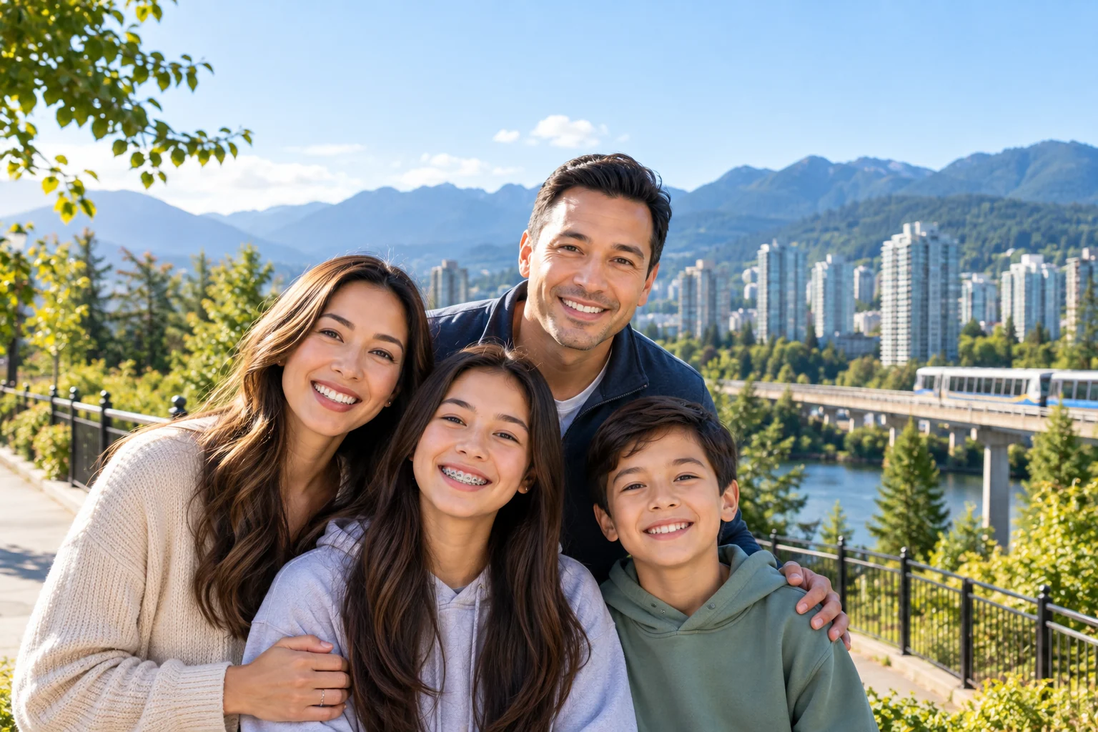Family in Coquitlam with a teenage daughter wearing braces, with the city skyline and mountains behind them