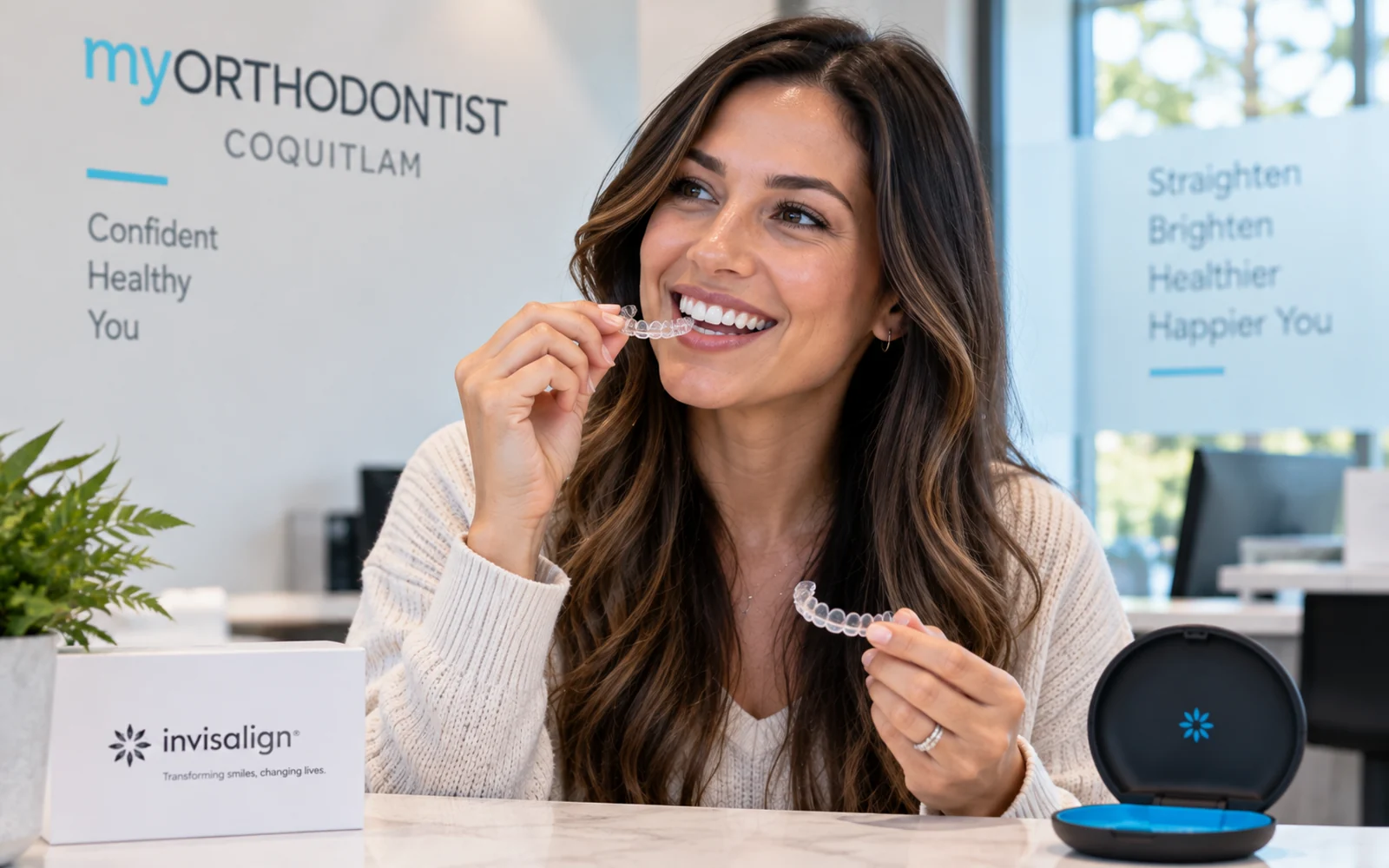Adult patient holding clear Invisalign aligners during an orthodontic visit in Coquitlam