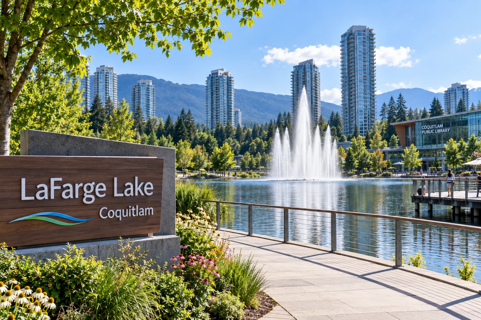 Lafarge Lake in Coquitlam with the lake, fountain, towers and forested mountains