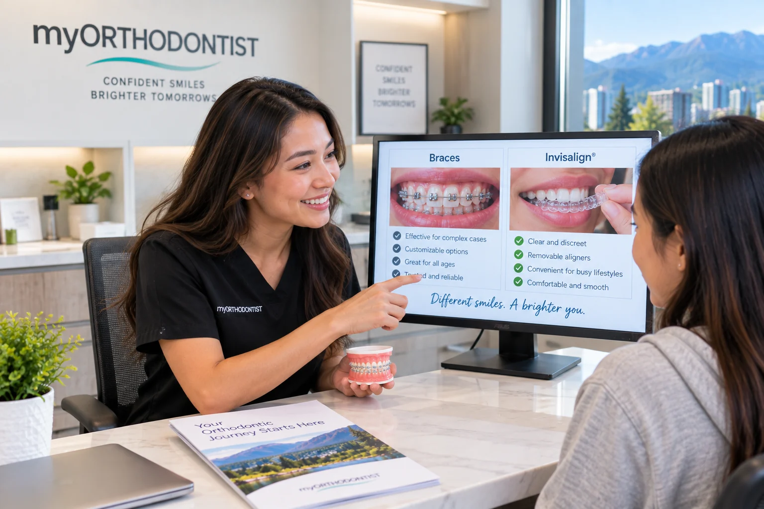 Patient and orthodontic clinician reviewing records and treatment options together
