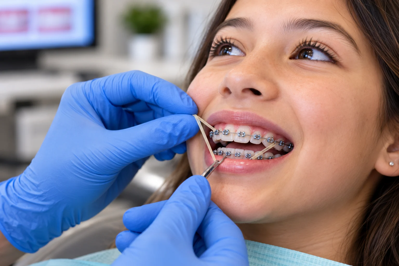 Orthodontic elastic being placed between upper and lower braces