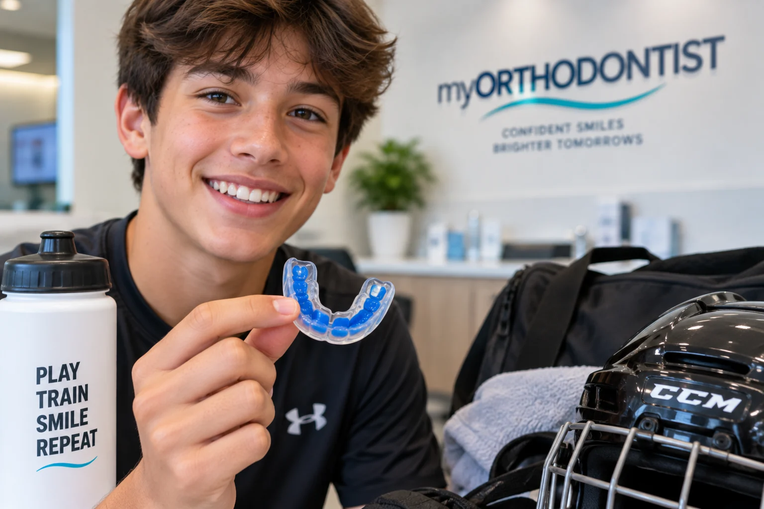 Teen athlete holding an orthodontic mouthguard designed for sports