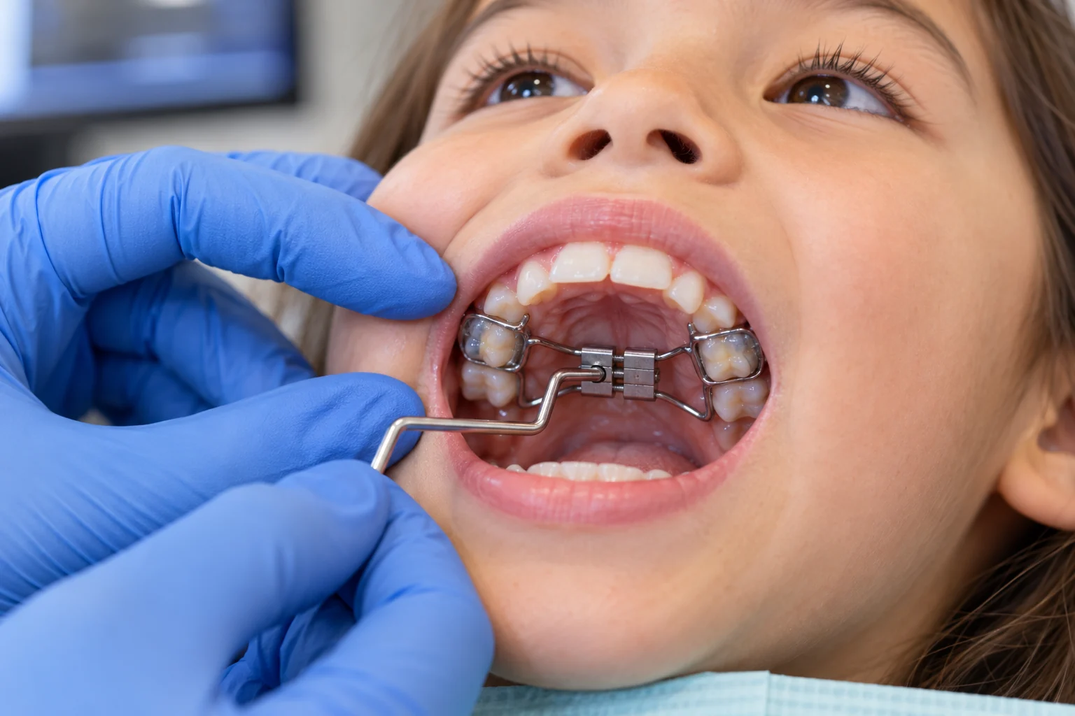Close-up of a palatal expander during early orthodontic treatment