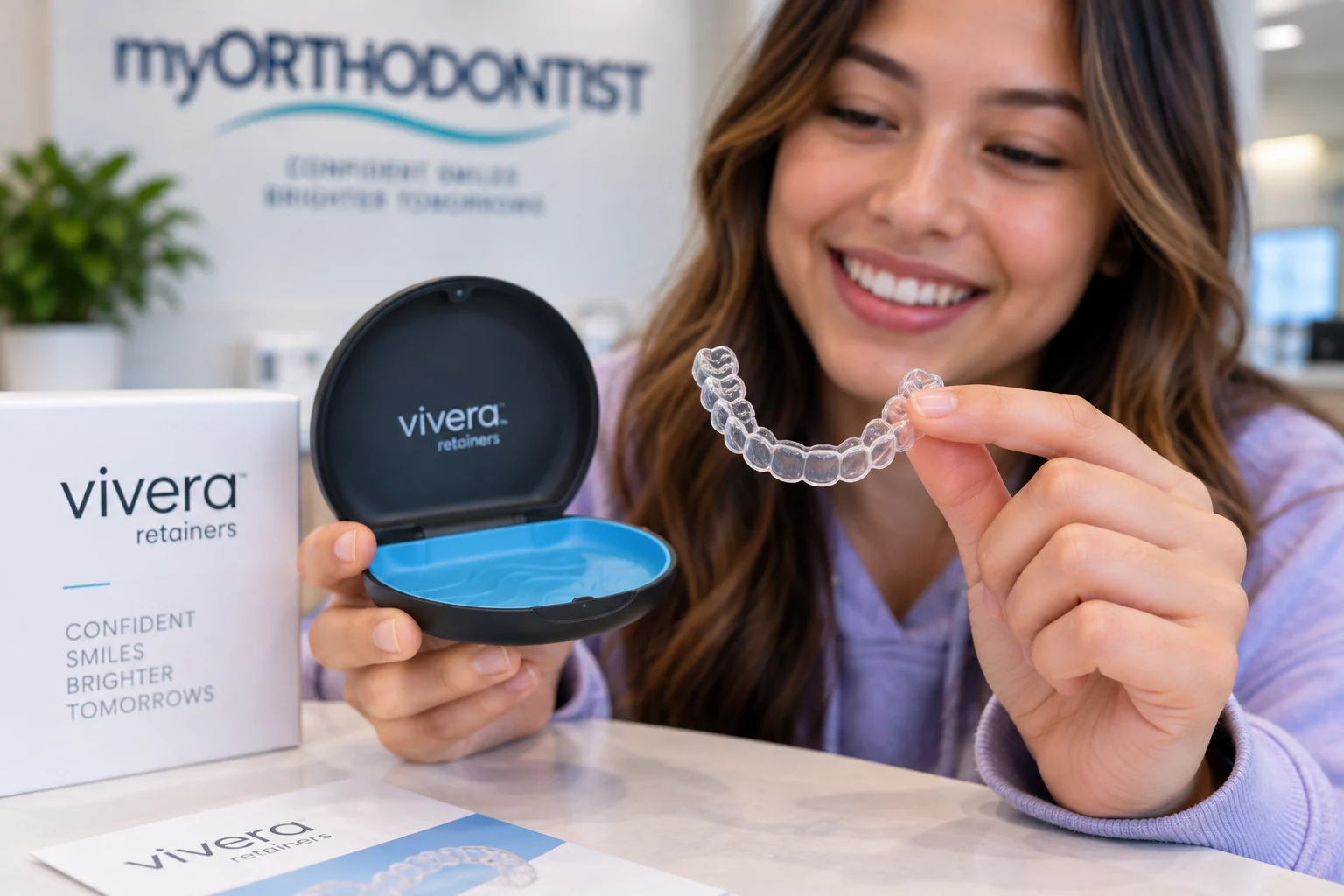 Clear Vivera orthodontic retainer held beside its storage case