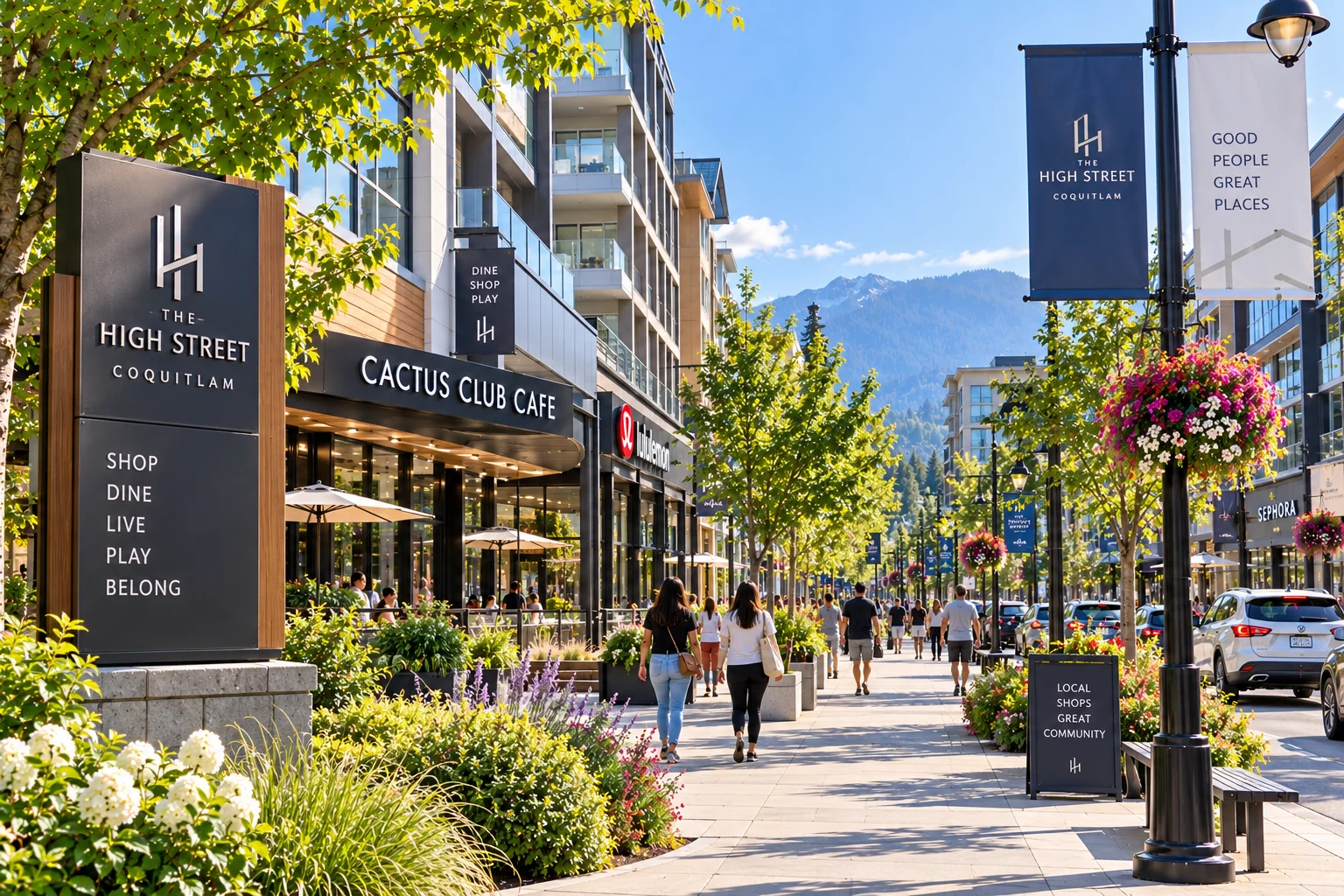 The High Street in Coquitlam with shops, pedestrians, landscaping and mountain views